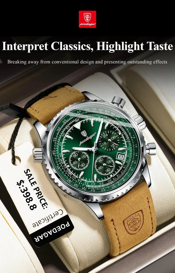 POEDAGAR Men's Luxury Quartz Chronograph Watch - Waterproof, Luminous, Leather - Military Sports Style