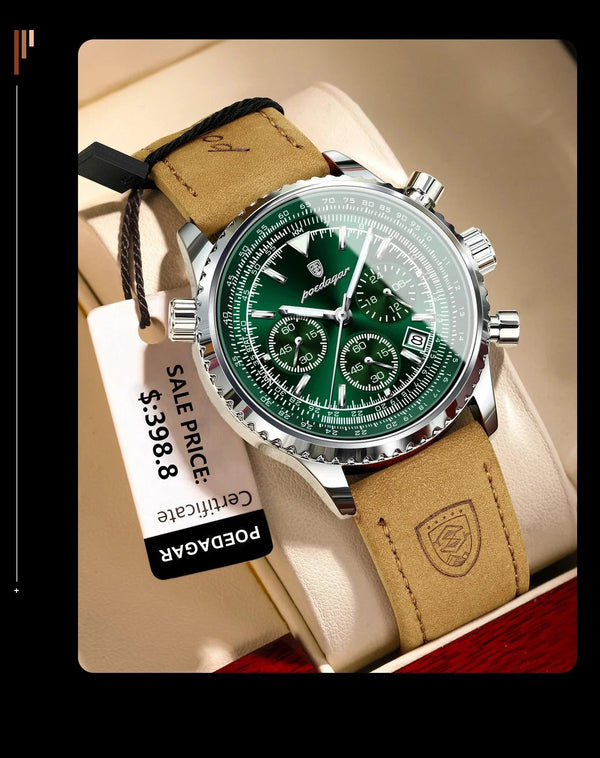 POEDAGAR Men's Luxury Quartz Chronograph Watch - Waterproof, Luminous, Leather - Military Sports Style