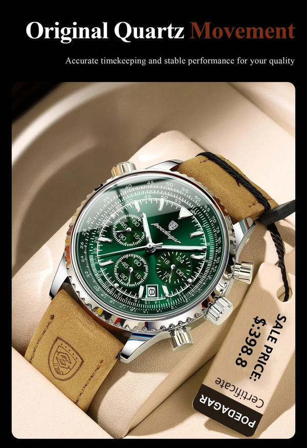 POEDAGAR Men's Luxury Quartz Chronograph Watch - Waterproof, Luminous, Leather - Military Sports Style