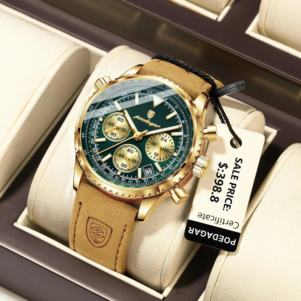 POEDAGAR Men's Luxury Quartz Chronograph Watch - Waterproof, Luminous, Leather - Military Sports Style