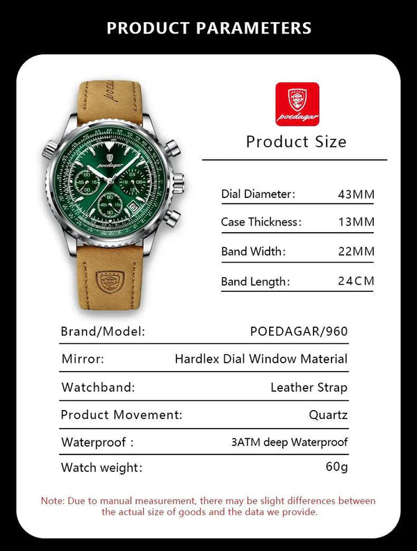 POEDAGAR Men's Luxury Quartz Chronograph Watch - Waterproof, Luminous, Leather - Military Sports Style
