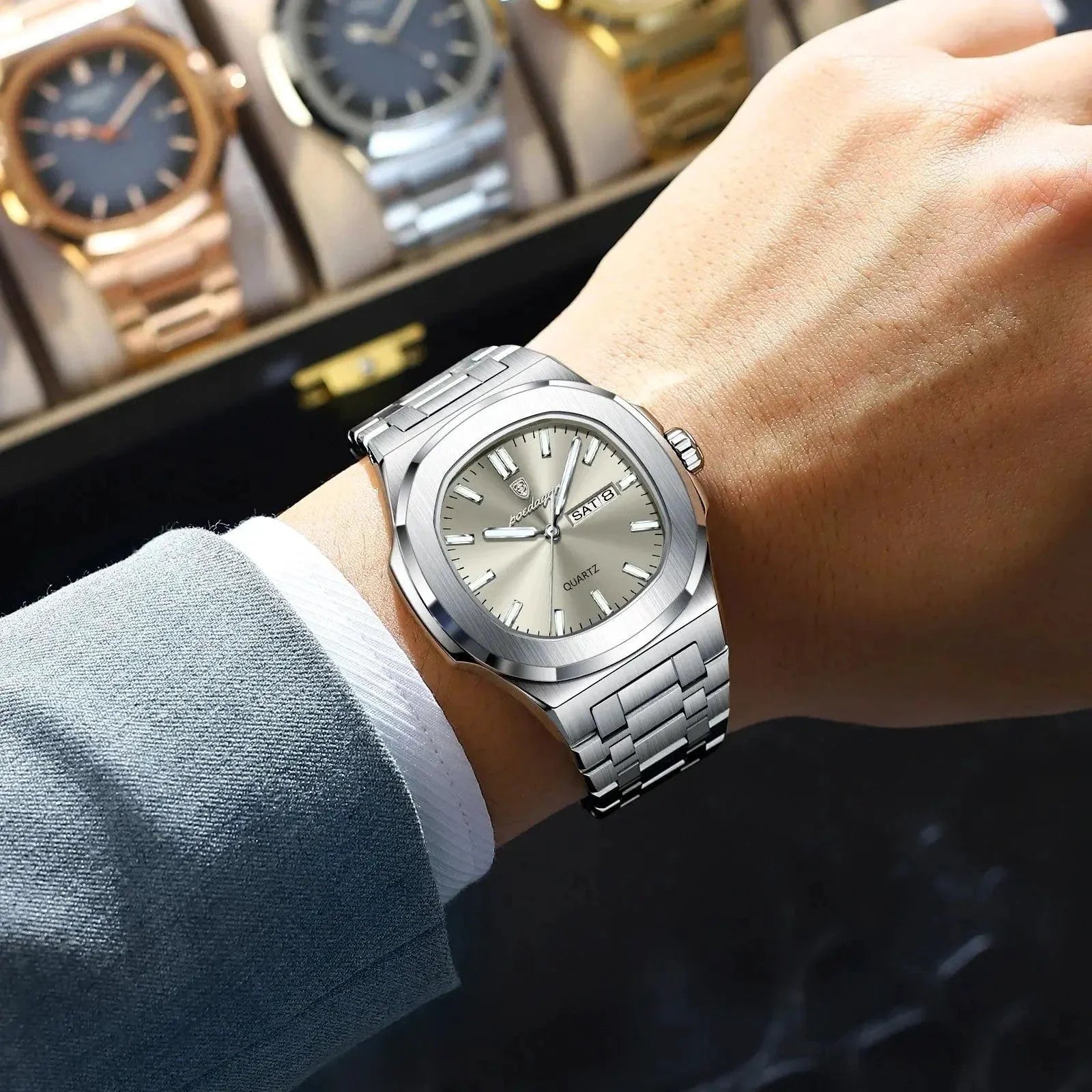 POEDAGAR Military Square Watch for Men - Waterproof, Luminous, Date & Week Display, Stainless Steel Quartz