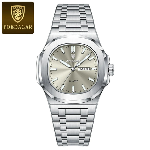 POEDAGAR Military Square Watch for Men - Waterproof, Luminous, Date & Week Display, Stainless Steel Quartz