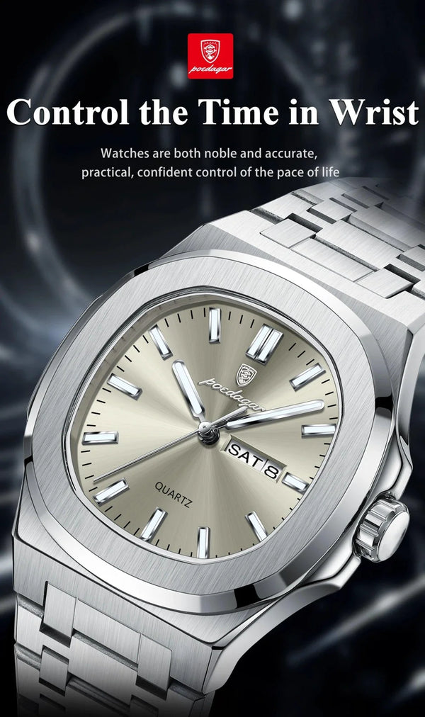 POEDAGAR Military Square Watch for Men - Waterproof, Luminous, Date & Week Display, Stainless Steel Quartz