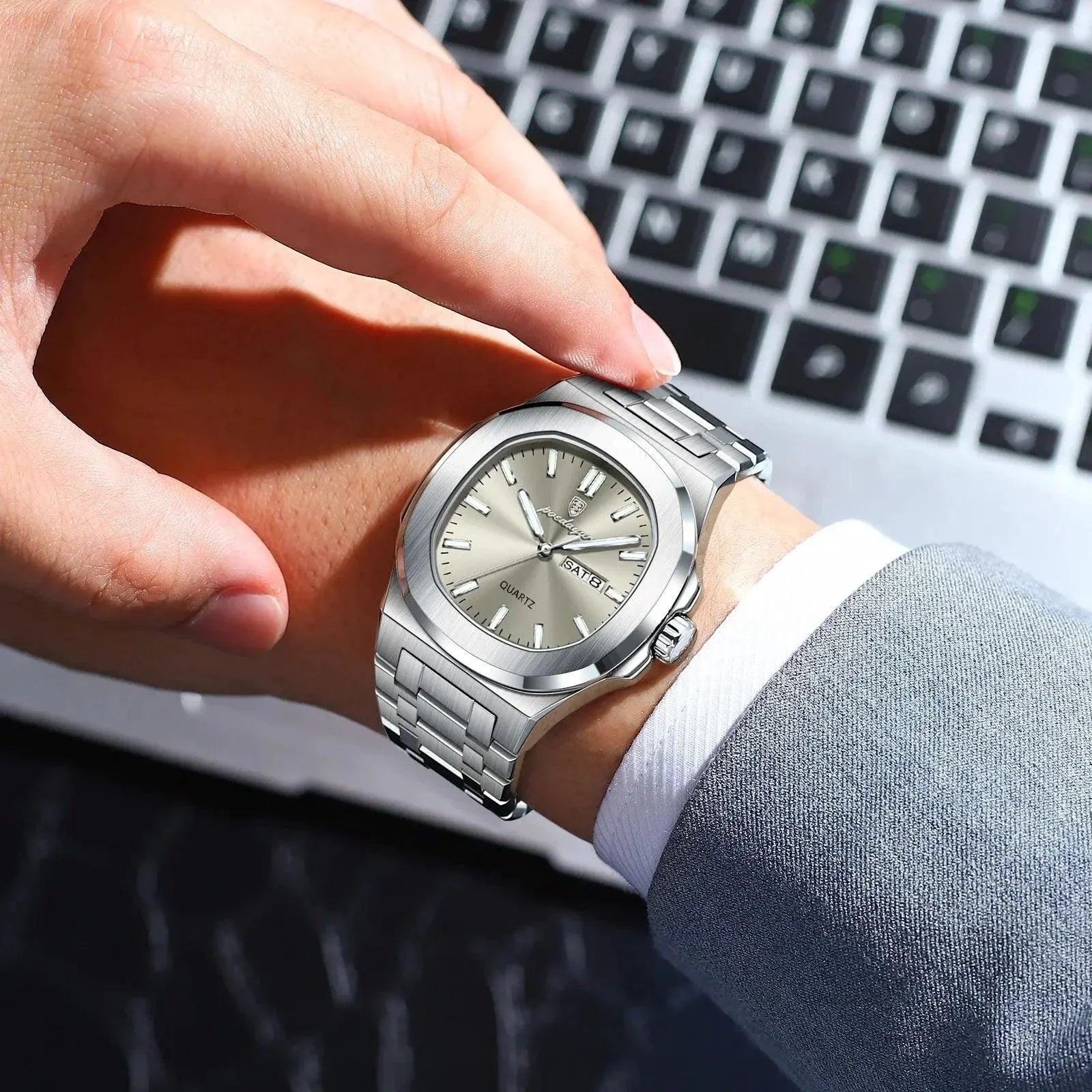 POEDAGAR Military Square Watch for Men - Waterproof, Luminous, Date & Week Display, Stainless Steel Quartz