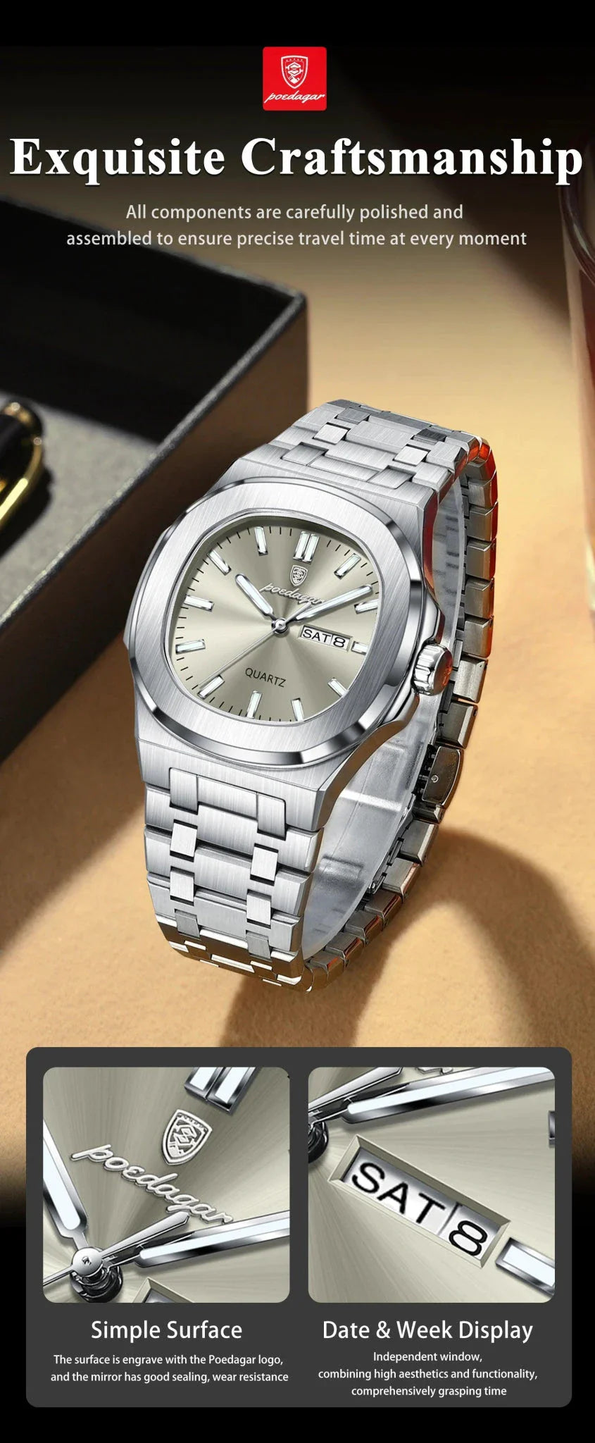 POEDAGAR Military Square Watch for Men - Waterproof, Luminous, Date & Week Display, Stainless Steel Quartz