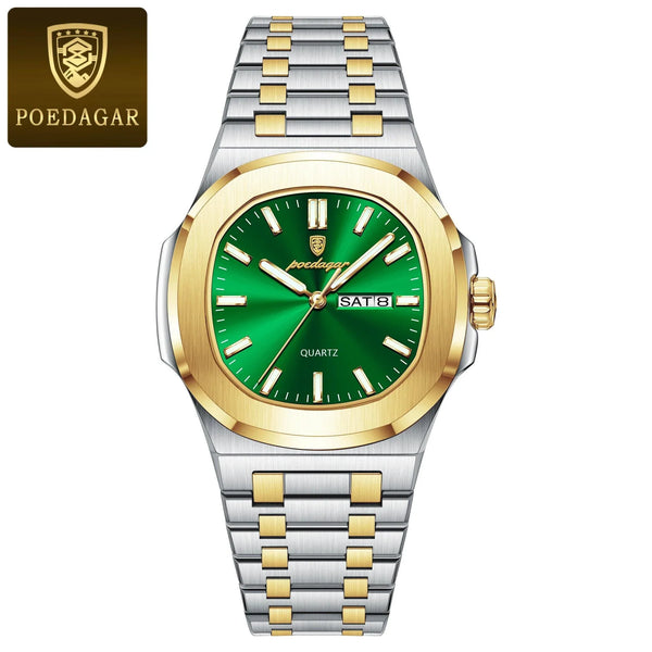 POEDAGAR Military Square Watch for Men - Waterproof, Luminous, Date & Week Display, Stainless Steel Quartz