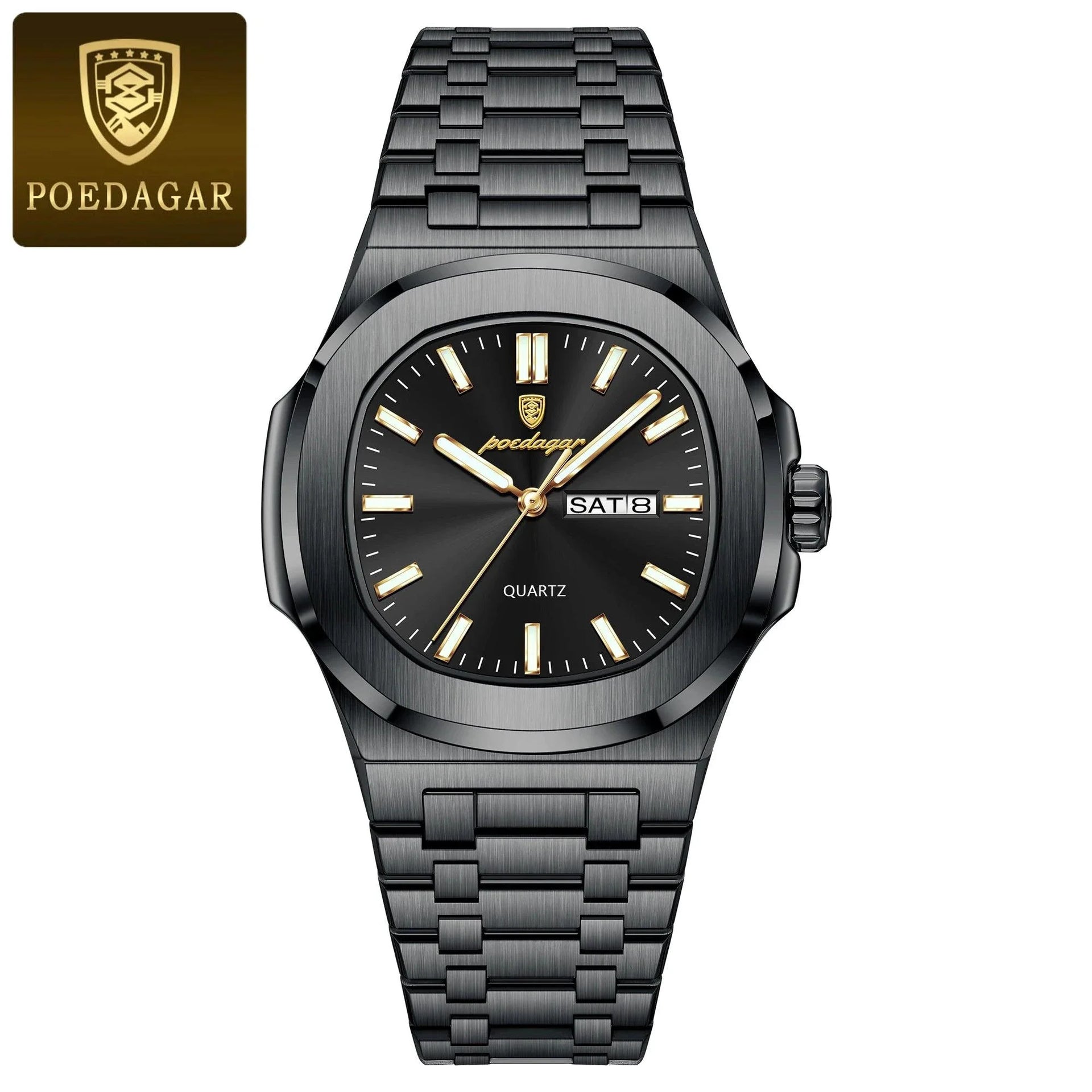 POEDAGAR Military Square Watch for Men - Waterproof, Luminous, Date & Week Display, Stainless Steel Quartz