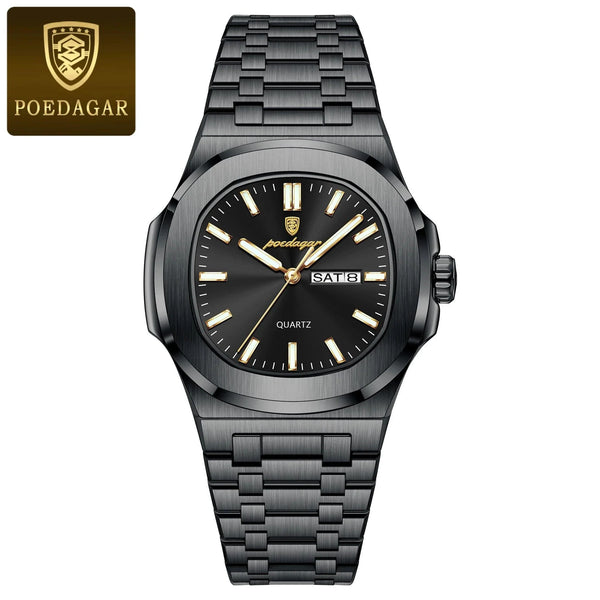 POEDAGAR Military Square Watch for Men - Waterproof, Luminous, Date & Week Display, Stainless Steel Quartz