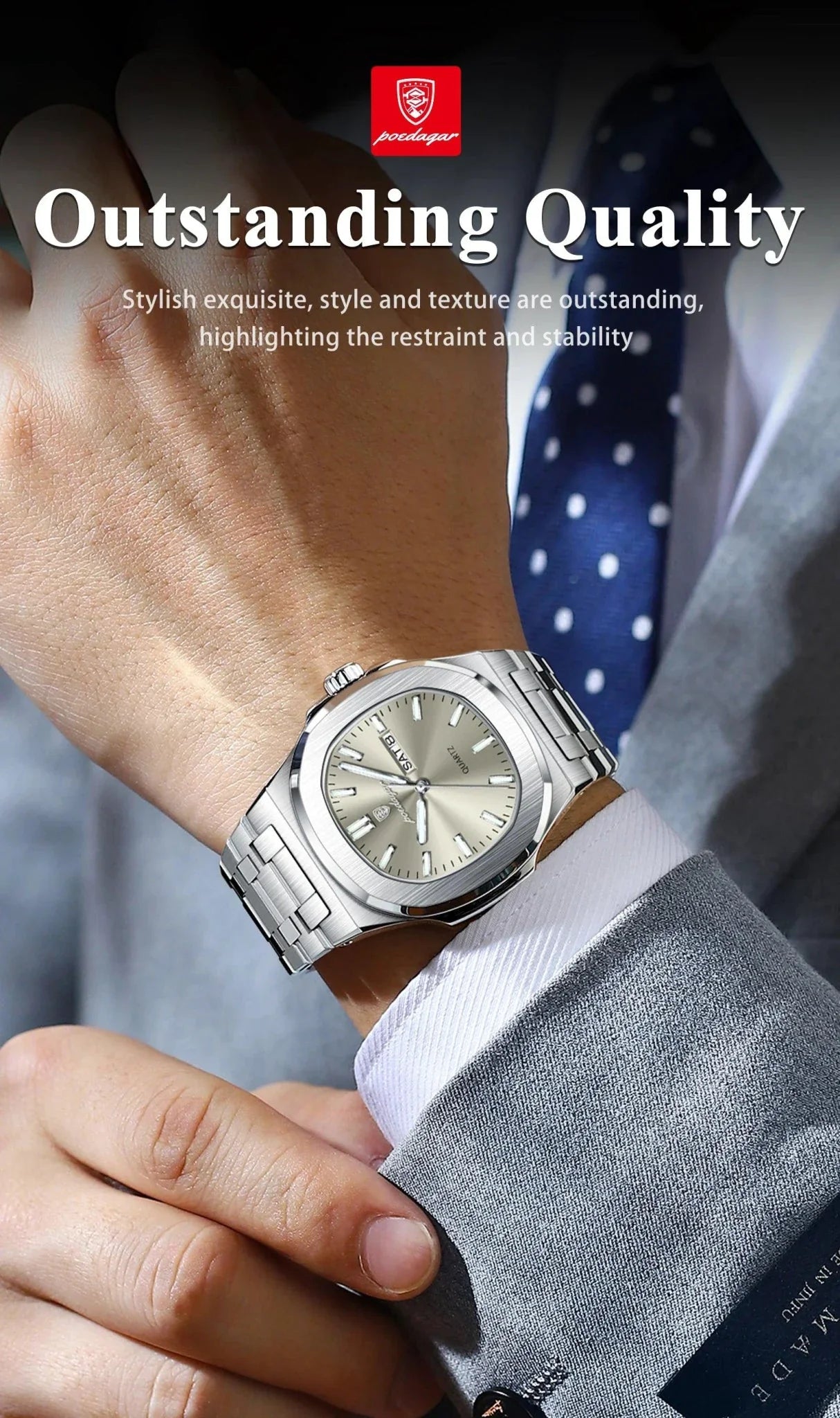 POEDAGAR Military Square Watch for Men - Waterproof, Luminous, Date & Week Display, Stainless Steel Quartz