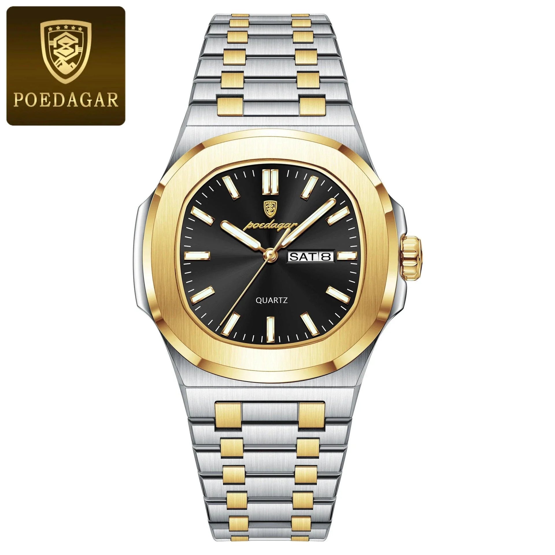 POEDAGAR Military Square Watch for Men - Waterproof, Luminous, Date & Week Display, Stainless Steel Quartz