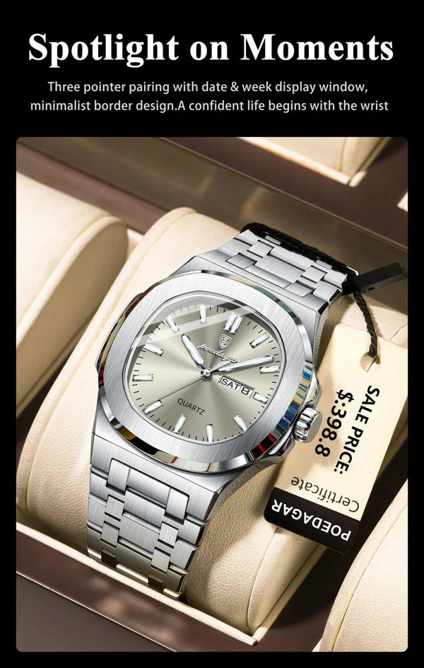 POEDAGAR Military Square Watch for Men - Waterproof, Luminous, Date & Week Display, Stainless Steel Quartz