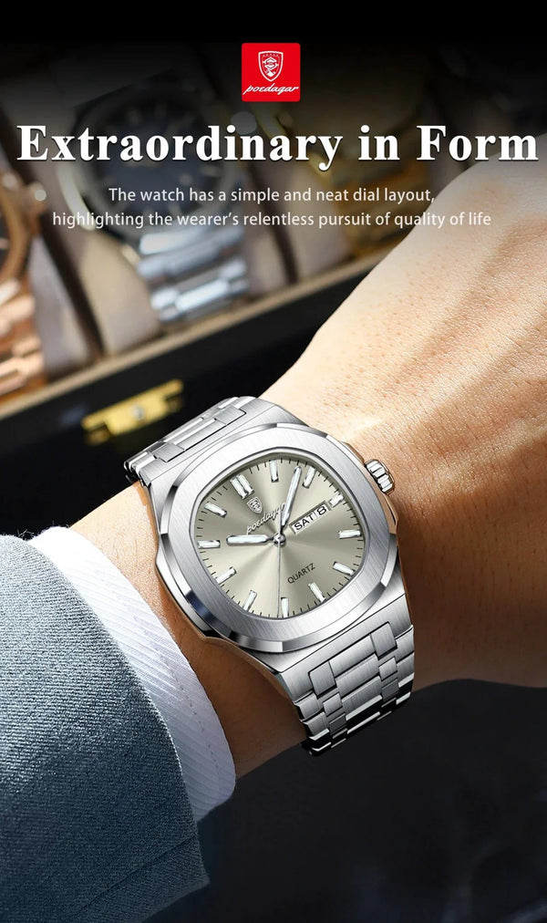 POEDAGAR Military Square Watch for Men - Waterproof, Luminous, Date & Week Display, Stainless Steel Quartz