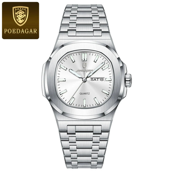 POEDAGAR Military Square Watch for Men - Waterproof, Luminous, Date & Week Display, Stainless Steel Quartz