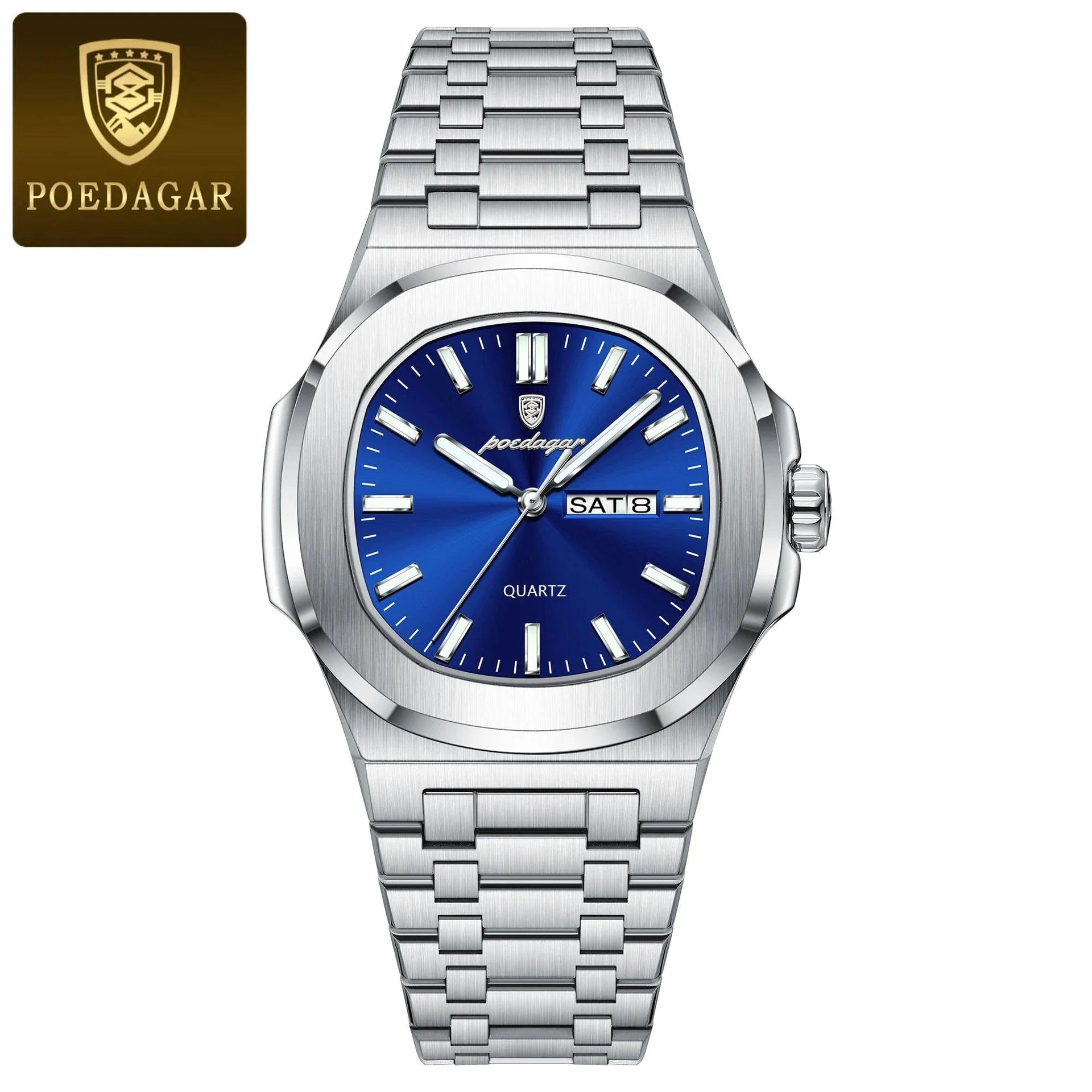POEDAGAR Military Square Watch for Men - Waterproof, Luminous, Date & Week Display, Stainless Steel Quartz
