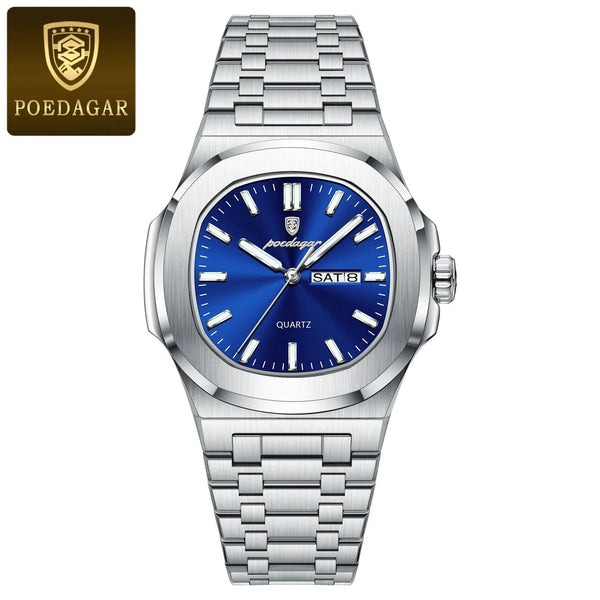 POEDAGAR Military Square Watch for Men - Waterproof, Luminous, Date & Week Display, Stainless Steel Quartz