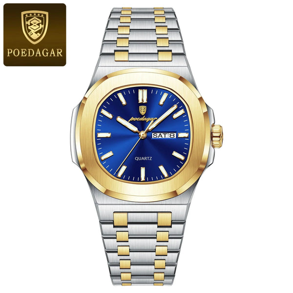 POEDAGAR Military Square Watch for Men - Waterproof, Luminous, Date & Week Display, Stainless Steel Quartz