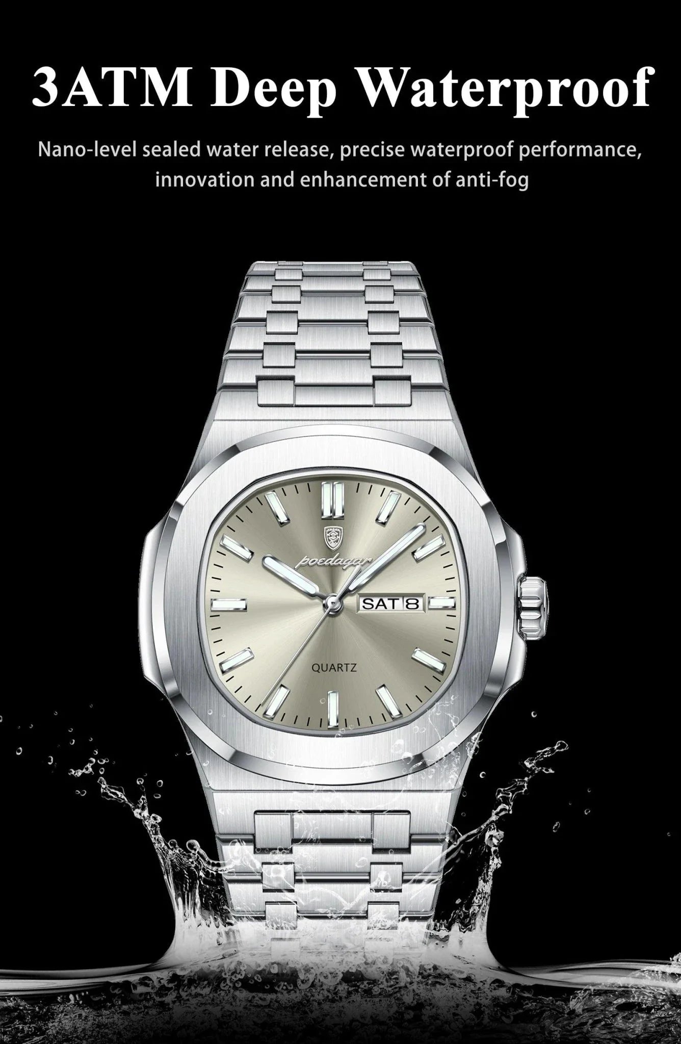 POEDAGAR Military Square Watch for Men - Waterproof, Luminous, Date & Week Display, Stainless Steel Quartz