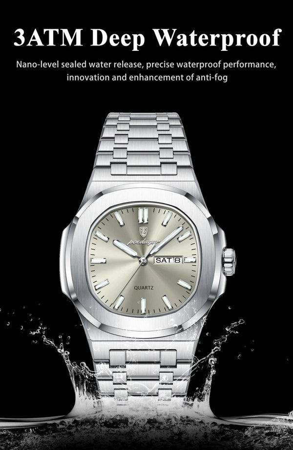 POEDAGAR Military Square Watch for Men - Waterproof, Luminous, Date & Week Display, Stainless Steel Quartz