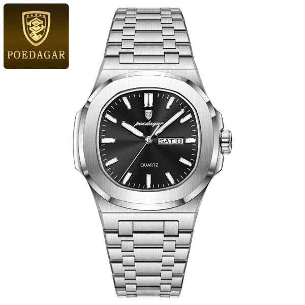 POEDAGAR Military Square Watch for Men - Waterproof, Luminous, Date & Week Display, Stainless Steel Quartz
