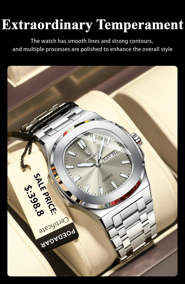 POEDAGAR Military Square Watch for Men - Waterproof, Luminous, Date & Week Display, Stainless Steel Quartz