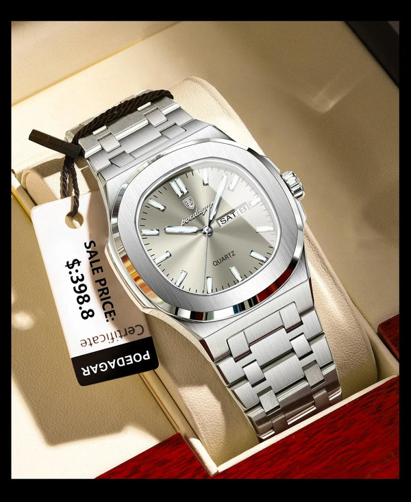 POEDAGAR Military Square Watch for Men - Waterproof, Luminous, Date & Week Display, Stainless Steel Quartz