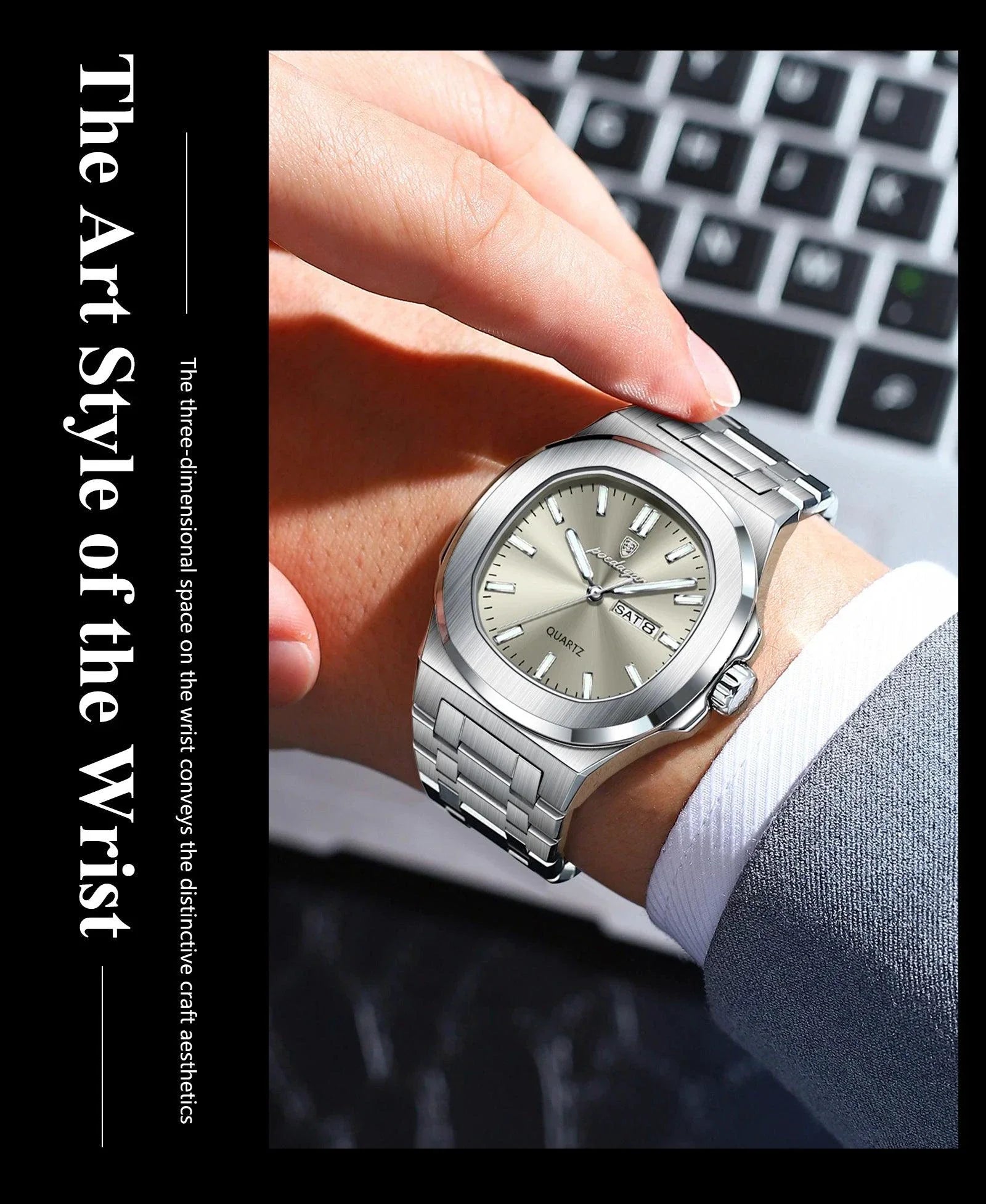 POEDAGAR Military Square Watch for Men - Waterproof, Luminous, Date & Week Display, Stainless Steel Quartz