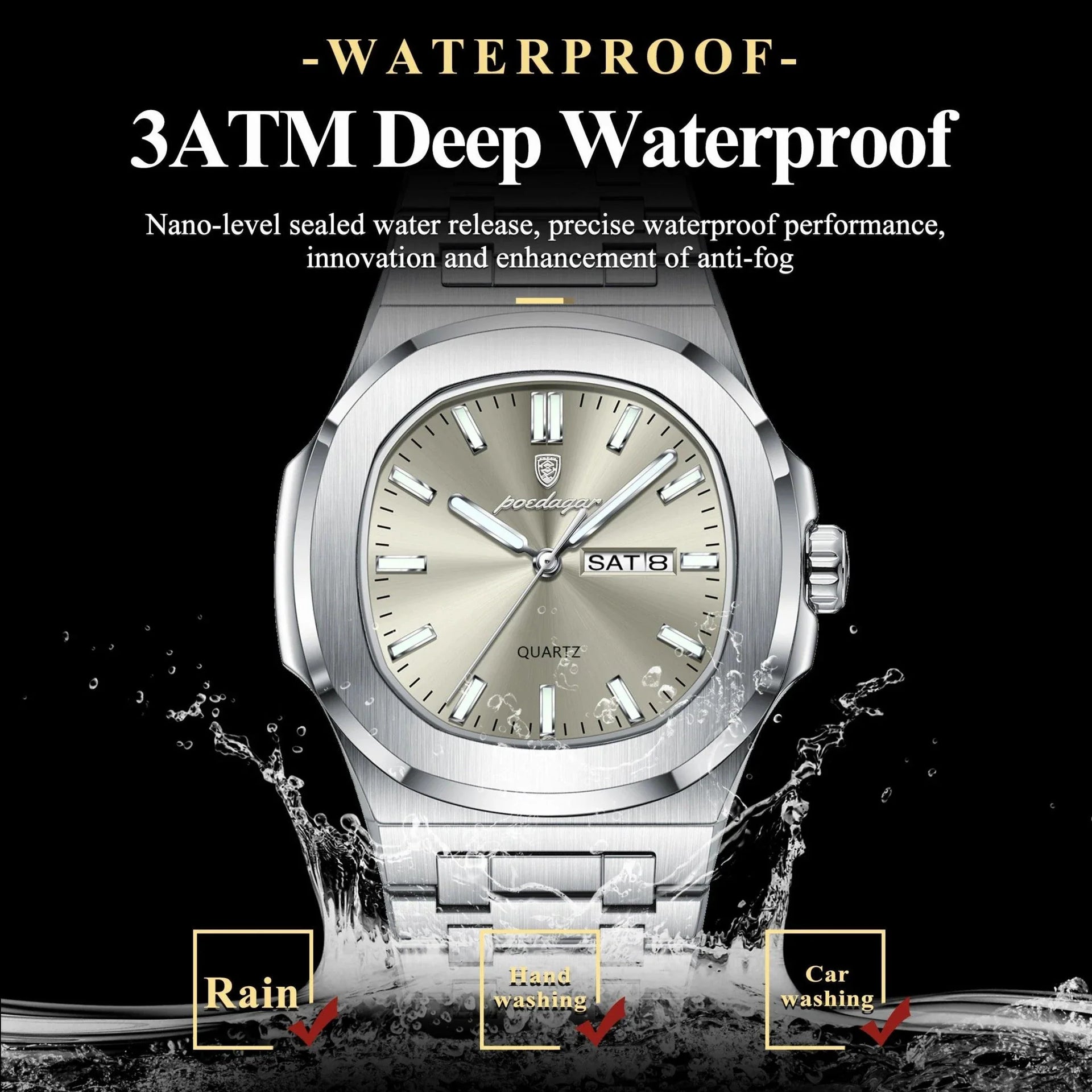 POEDAGAR Military Square Watch for Men - Waterproof, Luminous, Date & Week Display, Stainless Steel Quartz