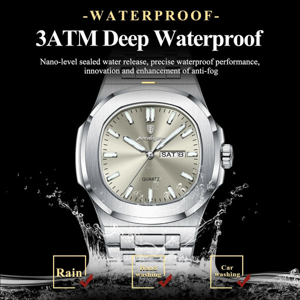 POEDAGAR Military Square Watch for Men - Waterproof, Luminous, Date & Week Display, Stainless Steel Quartz
