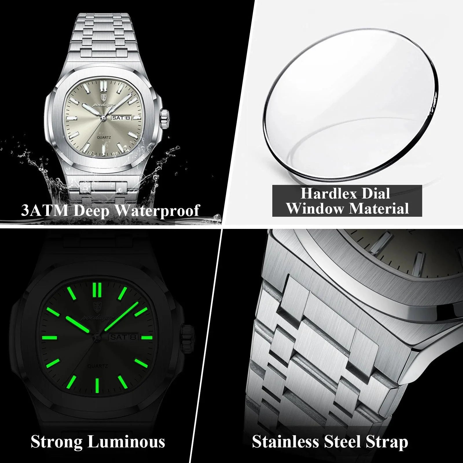 POEDAGAR Military Square Watch for Men - Waterproof, Luminous, Date & Week Display, Stainless Steel Quartz