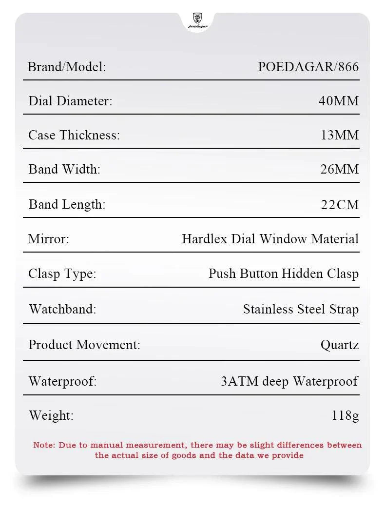 POEDAGAR Luxury Chronograph Men's Watch - Waterproof, Luminous, Stainless Steel, Sporty Design