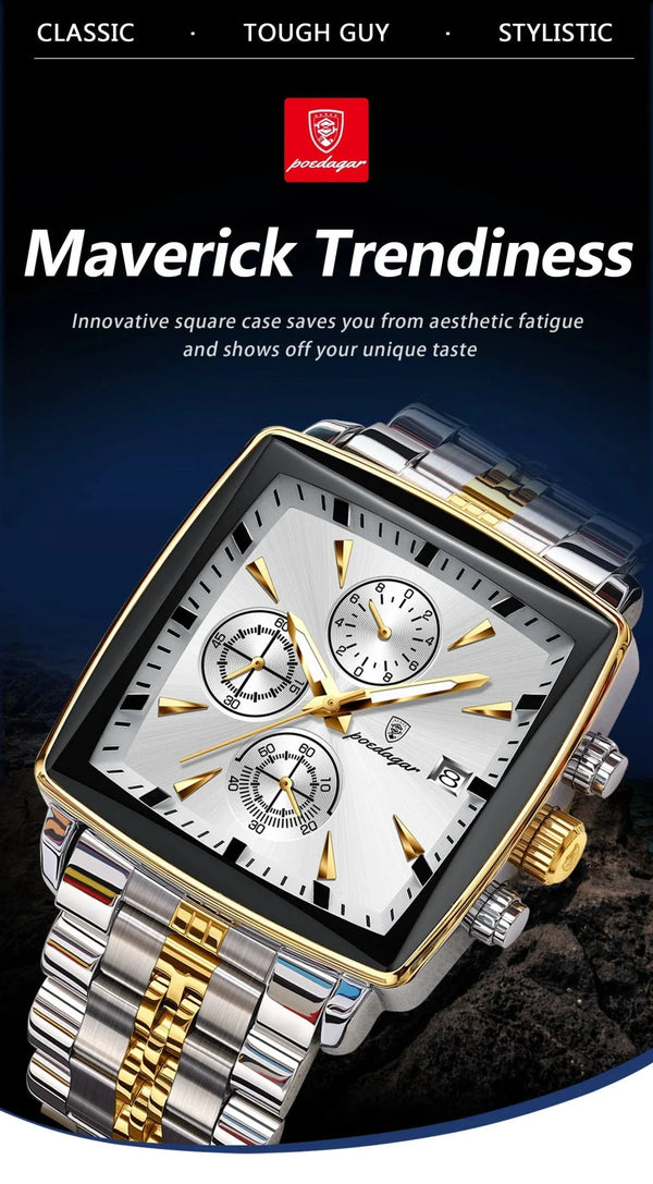 POEDAGAR Luxury Chronograph Men's Watch - Waterproof, Luminous, Stainless Steel, Sporty Design