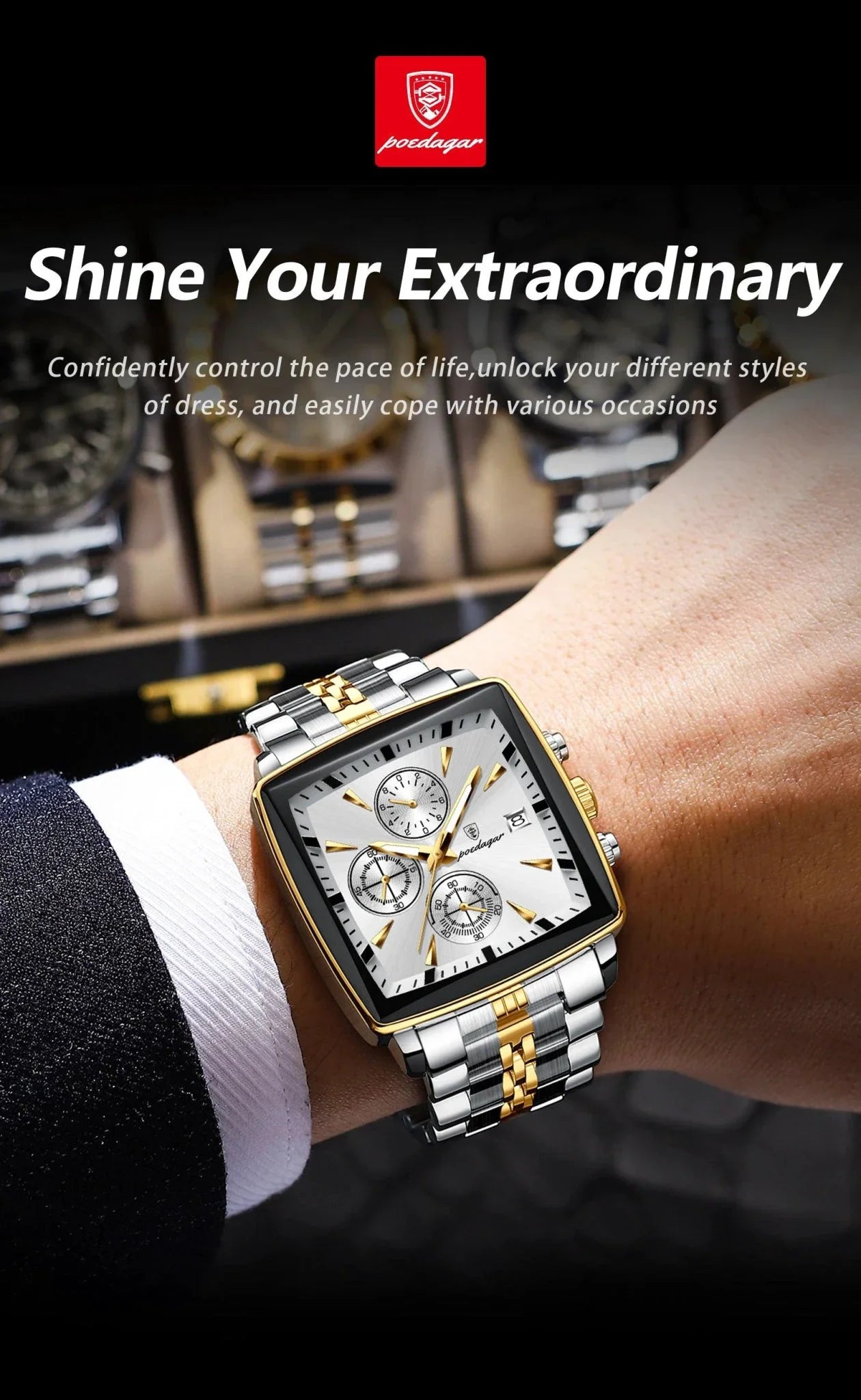 POEDAGAR Luxury Chronograph Men's Watch - Waterproof, Luminous, Stainless Steel, Sporty Design