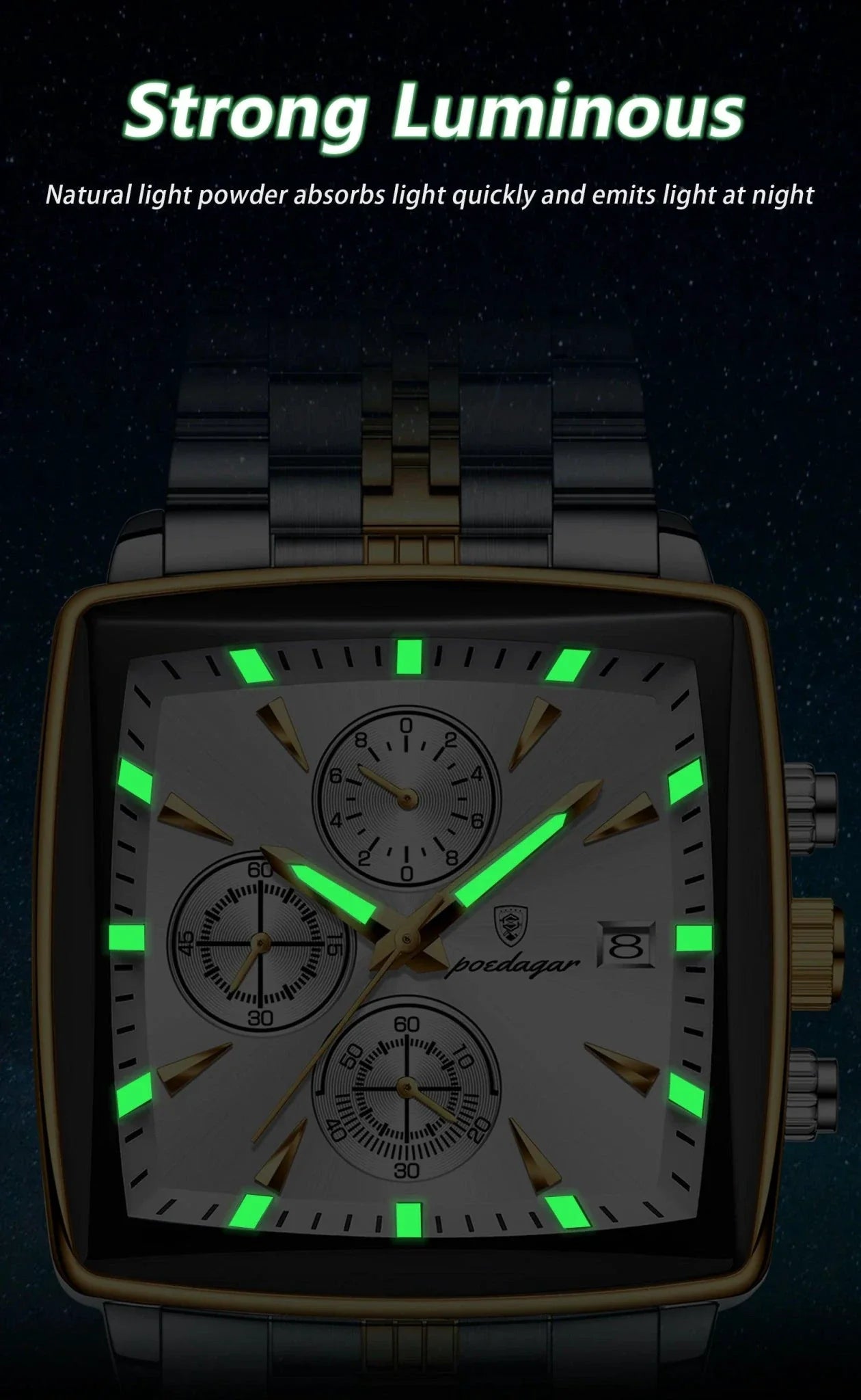 POEDAGAR Luxury Chronograph Men's Watch - Waterproof, Luminous, Stainless Steel, Sporty Design