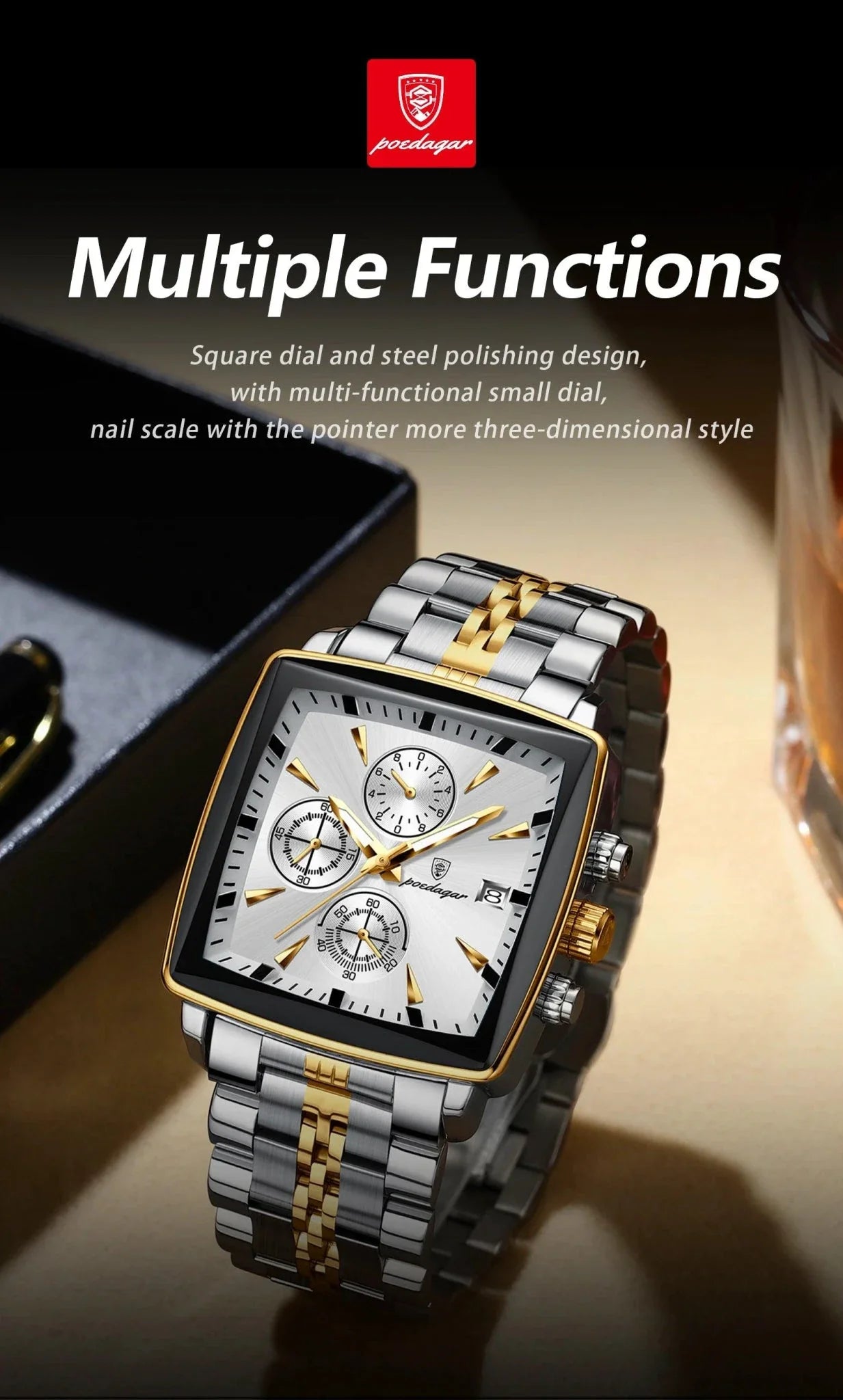 POEDAGAR Luxury Chronograph Men's Watch - Waterproof, Luminous, Stainless Steel, Sporty Design