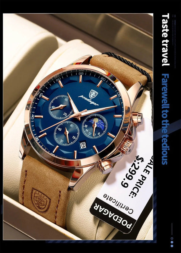 POEDAGAR Luxury Men's Chronograph Watch - Waterproof, Luminous, Leather Strap