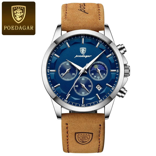 POEDAGAR Luxury Men's Chronograph Watch - Waterproof, Luminous, Leather Strap