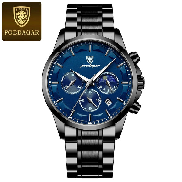 POEDAGAR Luxury Men's Chronograph Watch - Waterproof, Luminous, Leather Strap