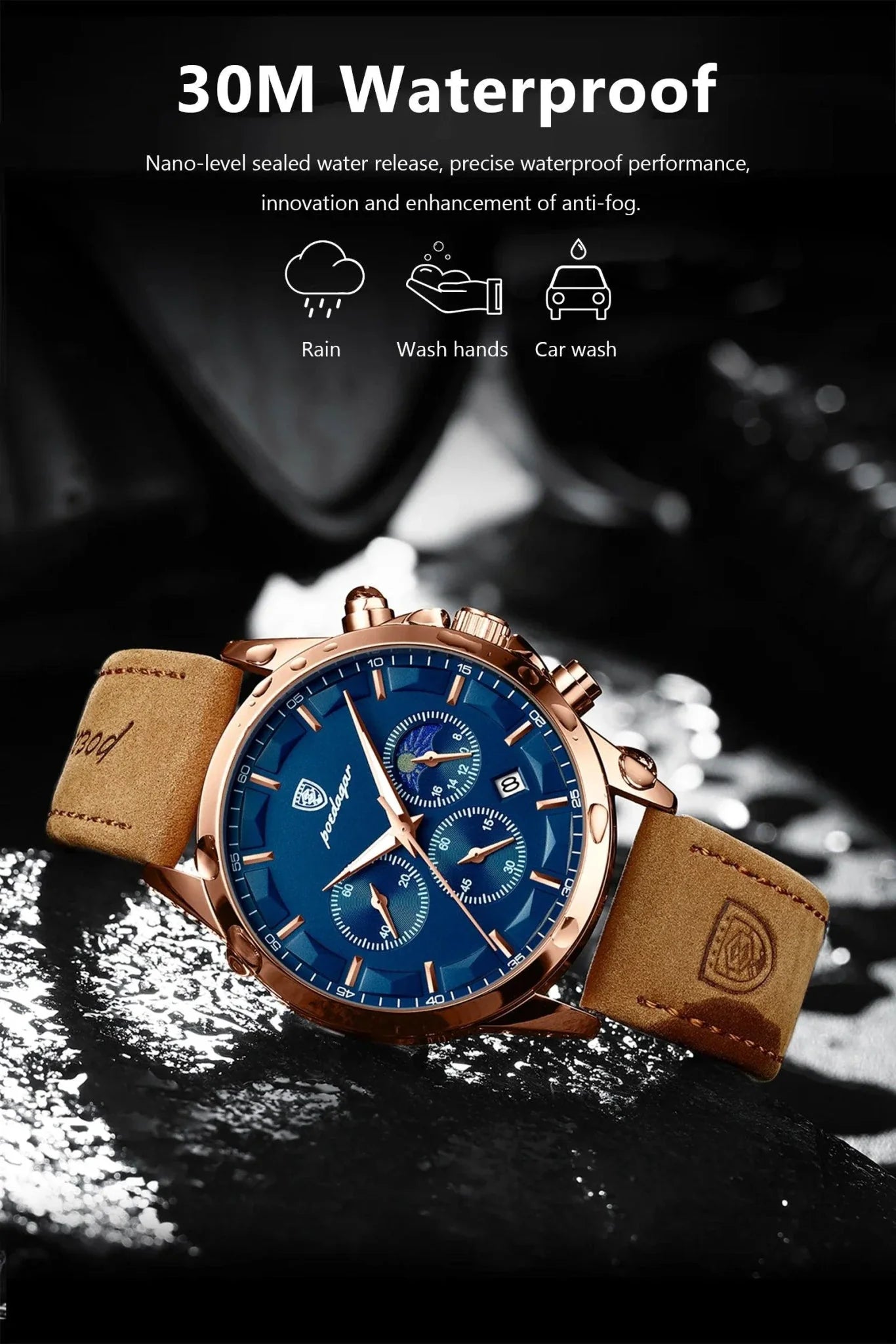 POEDAGAR Luxury Men's Chronograph Watch - Waterproof, Luminous, Leather Strap
