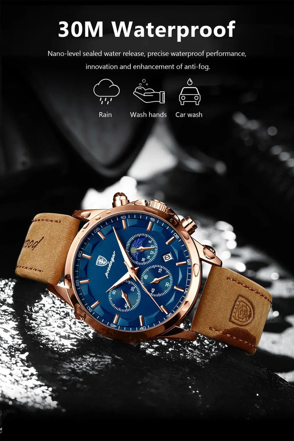 POEDAGAR Luxury Men's Chronograph Watch - Waterproof, Luminous, Leather Strap