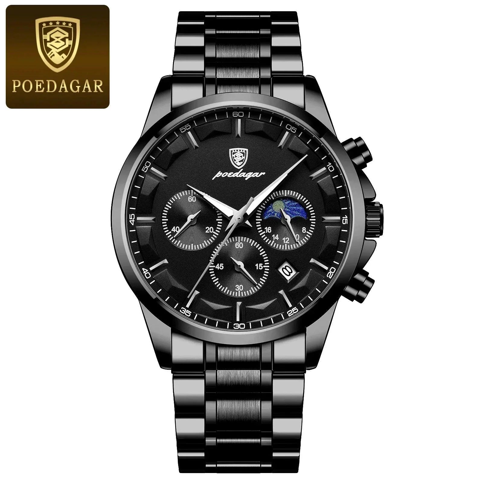 POEDAGAR Luxury Men's Chronograph Watch - Waterproof, Luminous, Leather Strap