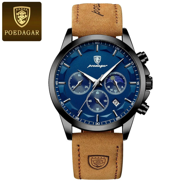 POEDAGAR Luxury Men's Chronograph Watch - Waterproof, Luminous, Leather Strap