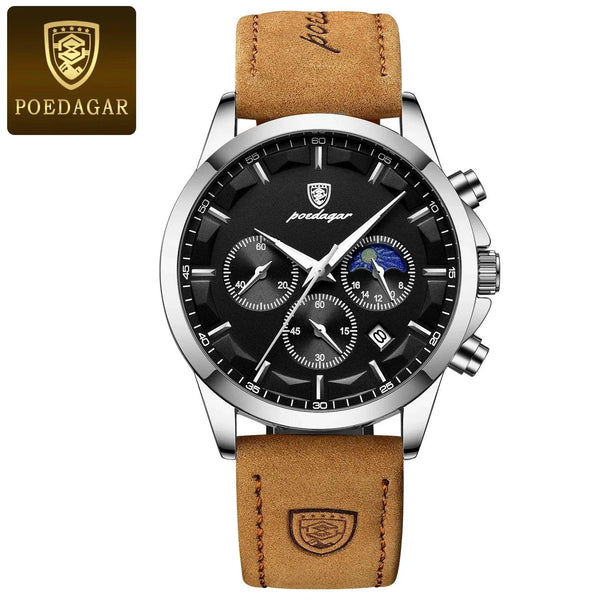 POEDAGAR Luxury Men's Chronograph Watch - Waterproof, Luminous, Leather Strap