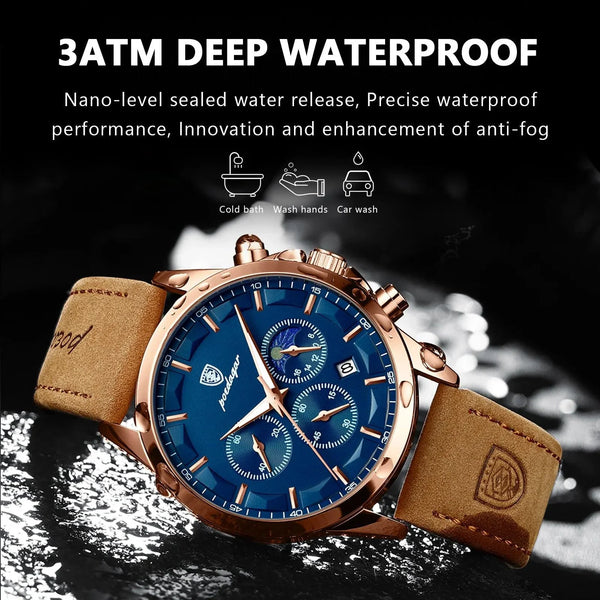 POEDAGAR Luxury Men's Chronograph Watch - Waterproof, Luminous, Leather Strap