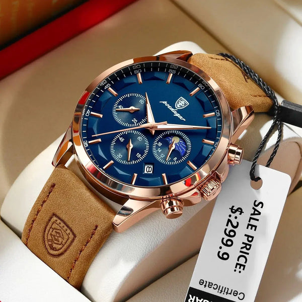 POEDAGAR Luxury Men's Chronograph Watch - Waterproof, Luminous, Leather Strap