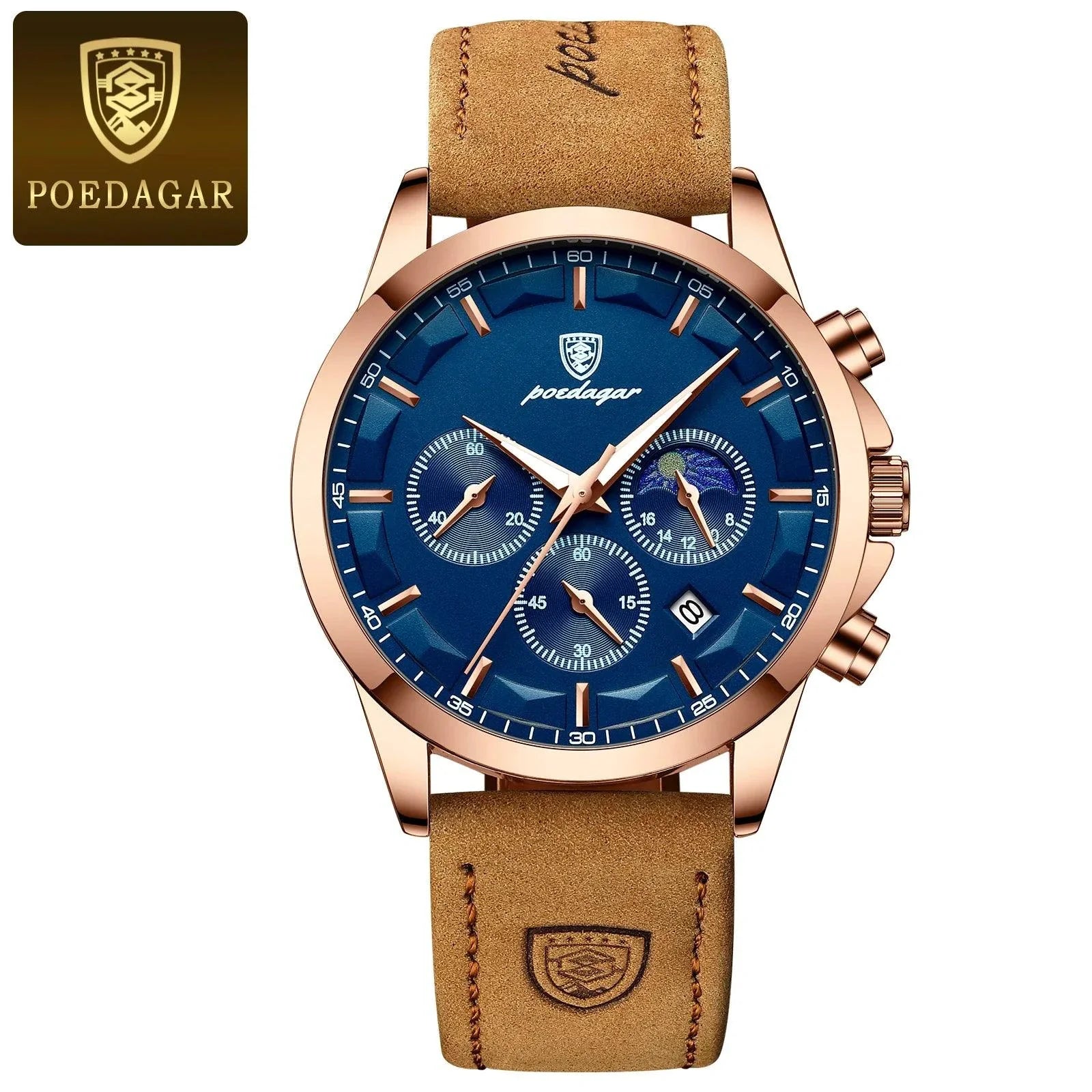 POEDAGAR Luxury Men's Chronograph Watch - Waterproof, Luminous, Leather Strap