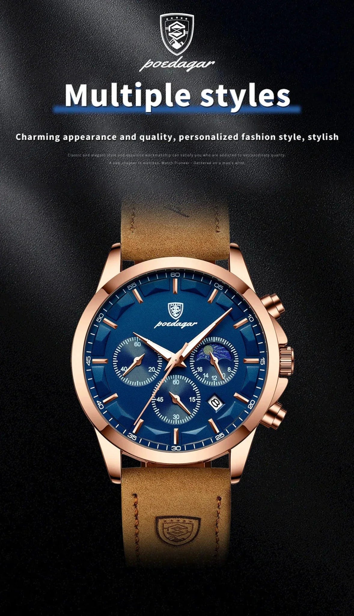 POEDAGAR Luxury Men's Chronograph Watch - Waterproof, Luminous, Leather Strap