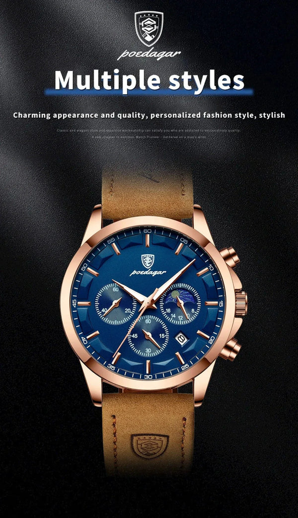 POEDAGAR Luxury Men's Chronograph Watch - Waterproof, Luminous, Leather Strap