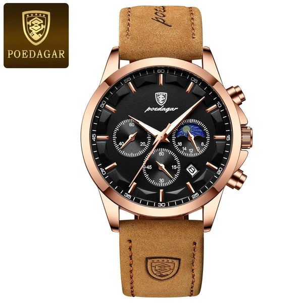 POEDAGAR Luxury Men's Chronograph Watch - Waterproof, Luminous, Leather Strap