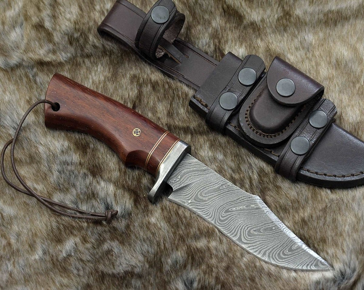 Polaris Damascus Hunting Knife with Exotic Red Heart Wood Handle